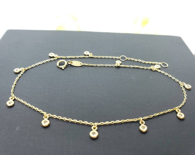 10K Real Yellow Gold • Dainty Bezel Round Charm Ankle Bracelet Anklet •  9 +1 " Inches •