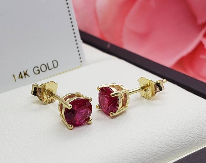 14K Solid Gold Red Ruby Stones Round Solitaire Cut Basket Prong Earring Push Backing Earring with 2 Different weight.