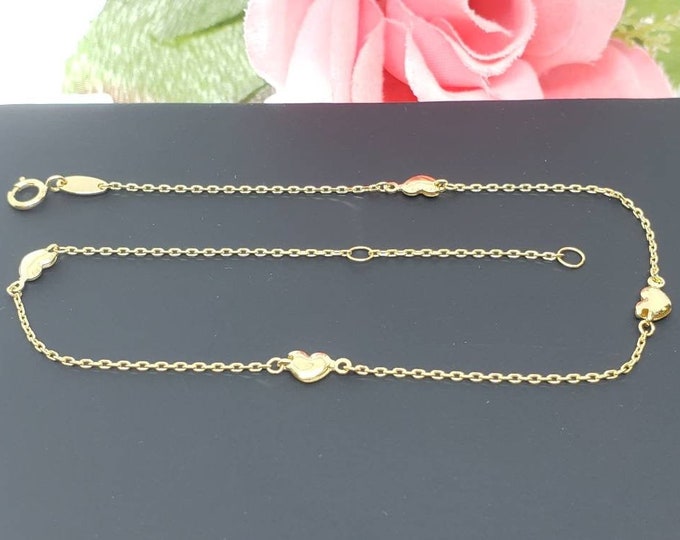 10K Real Yellow Gold • 4 Heart Charm High Quality Ankle Bracelet Anklet •  9 +1 " Inches •