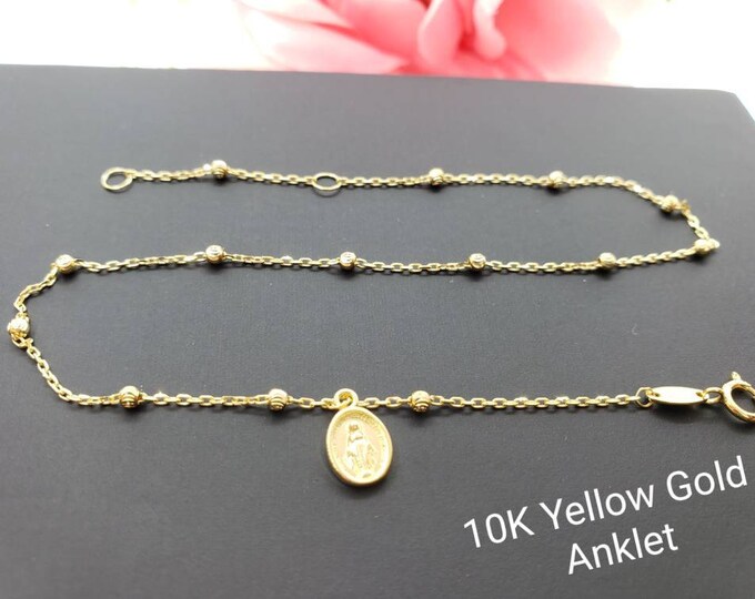 Anklet 10K Real Yellow Gold • Virgin Mary Guadalupe Charm High Quality  Ankle Bracelet Anklet •  9 +1 " Inches •