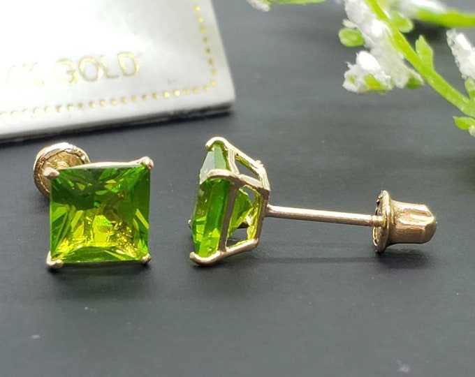 14K Solid Gold Peridot Earring Princess Square Cut August Birthstone Colors Screw Backing Earring with 4 Prong Setting