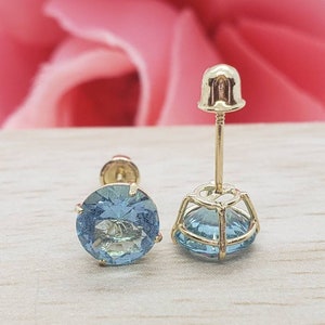 14K Solid Gold Aquamarine Earring March Birthstone Colors Screw Backing Earring with 4 Prong Setting