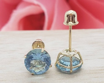 14K Solid Gold Aquamarine Earring March Birthstone Colors Screw Backing Earring with 4 Prong Setting
