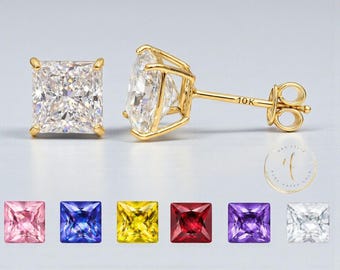 Cubic Zircon 10K Solid Gold • Square Princess Cut • Basket Prong •  2mm-8mm • With Screw Backing or Push Backing Thin Post 22Gauge.