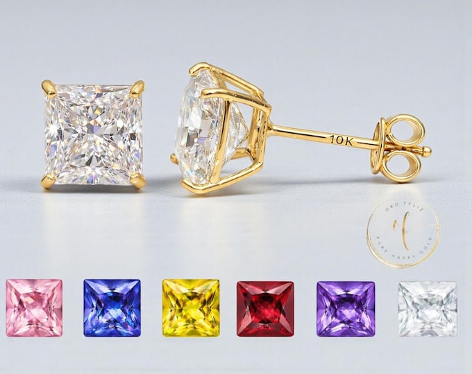 Cubic Zircon 10K Solid Gold • Square Princess Cut • Basket Prong •  2mm-8mm • With Screw Backing or Push Backing Thin Post 22Gauge.