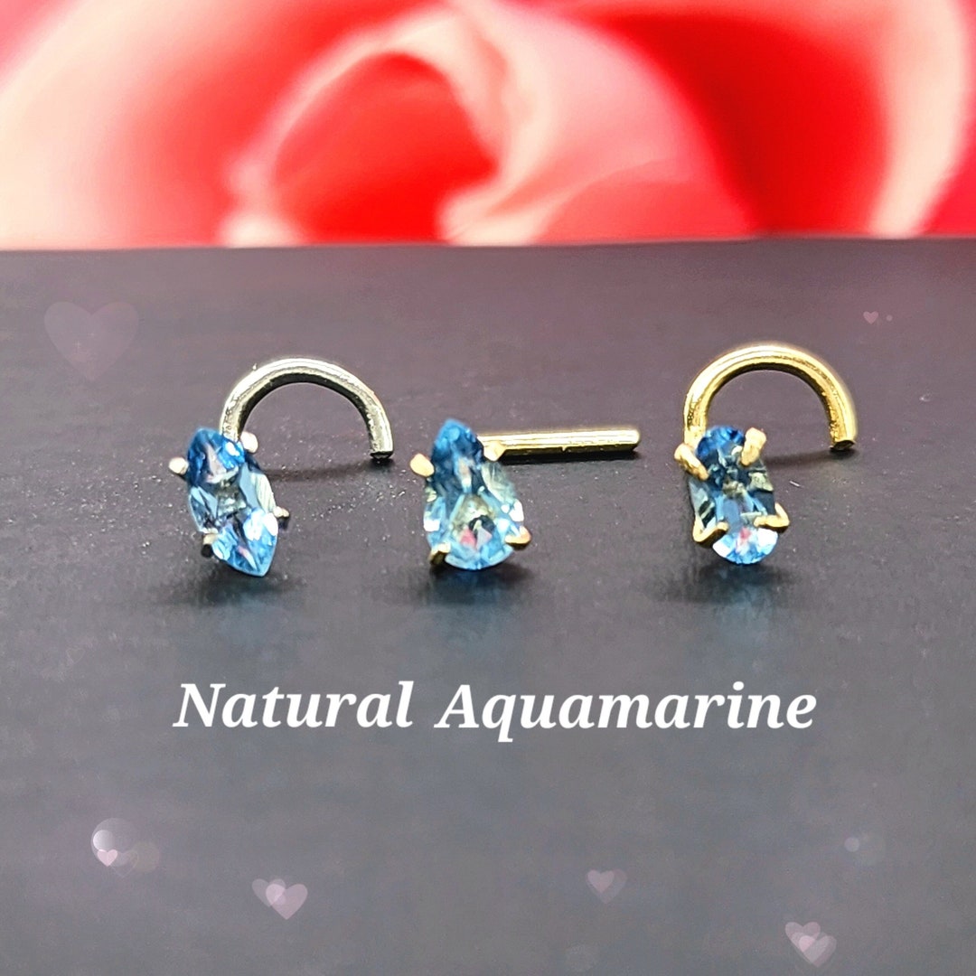 Natural Aquamarine 14K Solid Yellow Gold , L-shape Bar Nose Stud ...