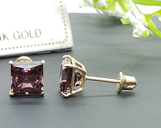 14K Solid Gold Alexandrite Earring Princess Square Cut CZ's June Birthstone Colors Screw Backing Earring with 4 Prong Setting