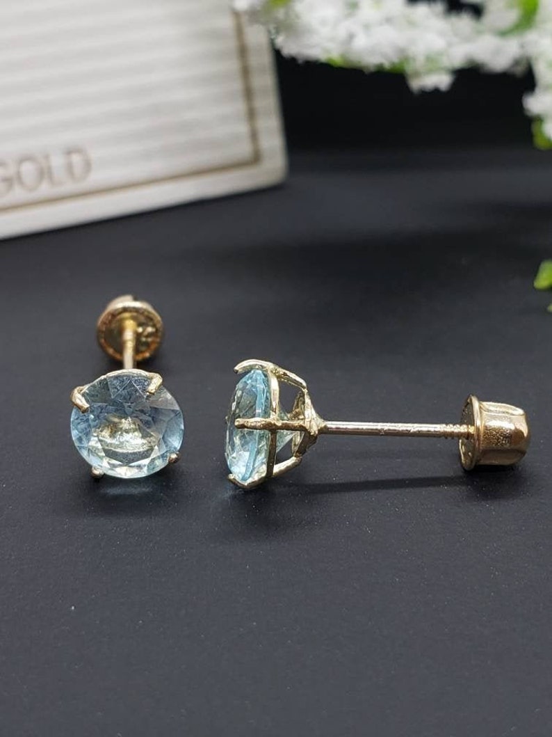 14K Solid Gold Aquamarine Earring March Birthstone Colors Screw Backing Earring with 4 Prong Setting image 1