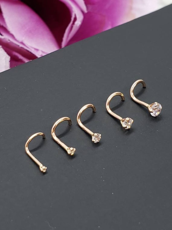 Solid 14Kt Gold Moissanite Stud Nose Ring - 22G Nose Screw Stud - Twisted Nose Ring - April Birthstone Nose Stud-NSYG-MNT2.5