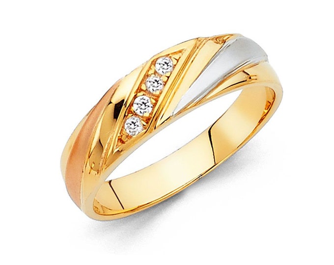 3Tone 14K Solid Gold Mens Wedding Ring Solitaire Round Cut  Engagement Bands For women's men's