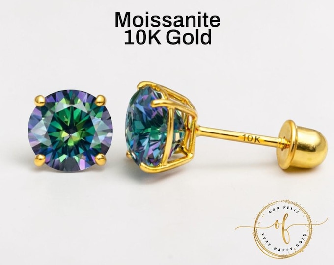 Rainbow Moissanite 10K Gold Stud Earrings, Round Solitaire Cut, Screw Back 22 GA, Thin Post, comfortable to sleep, Brilliant Cut VVS1 DEF.