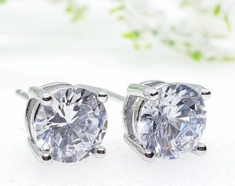 2mm-10mm Round Rhodium Plating Diamond CZ Solid 925 Sterling Silver Solitaire Stud Post Earrings Round Mens Womens Earrings