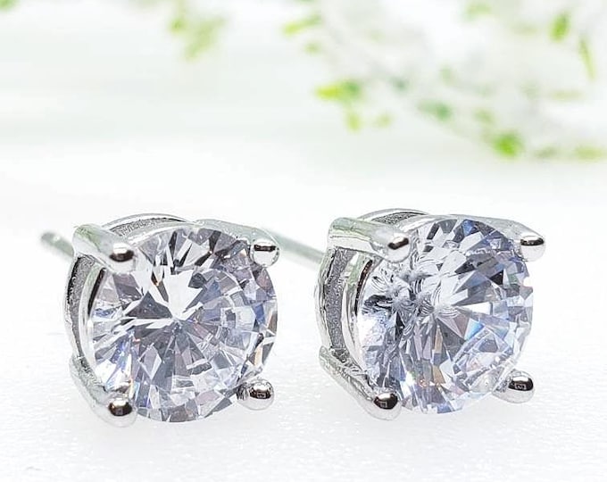 2mm-10mm Round Rhodium Plating Diamond CZ Solid 925 Sterling Silver Solitaire Stud Post Earrings Round Mens Womens Earrings