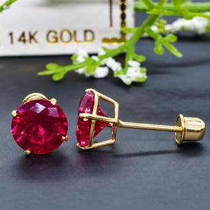 14K Solid Yellow Gold Ruby Earring July Birthstone Colors Screw Backing Earring with 4 Prong Setting