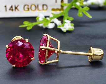 14K Solid Yellow Gold Ruby Earring July Birthstone Colors Screw Backing Earring with 4 Prong Setting