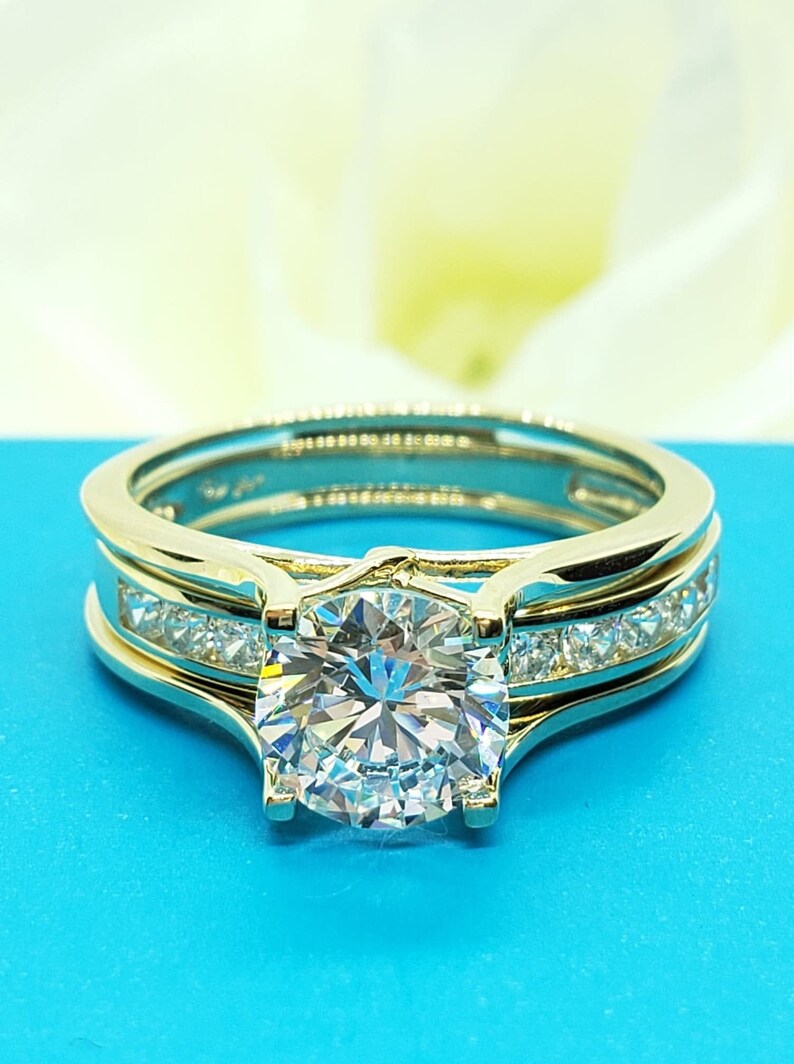 2.75 Ct 14K Real Gold Trellis Round Engagement Promise 2 Ring Matching Band