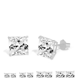 14K Solid Gold Princess Square Cut White CZ's Push Backing Earring with 4 Prong 3 mm 8 mm image 8