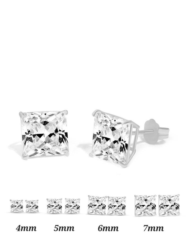 14K Solid Gold Princess Square Cut White CZ's Push Backing Earring with 4 Prong 3 mm 8 mm image 8