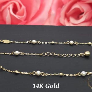 14K Yellow Gold • Pearl with Ball Diamond Cut Dainty Dangle Charm • Anklets Ankle Bracelet Foot Bracelet  • 9 +1 &quot; Inches •