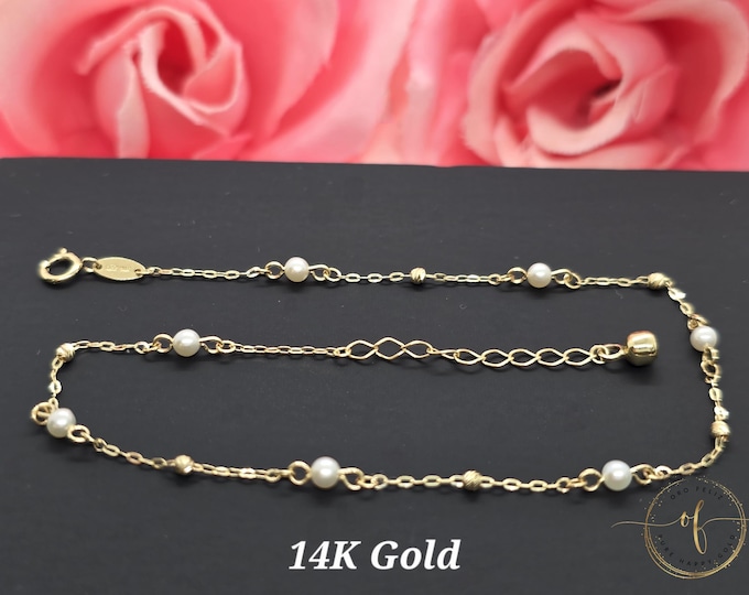 14K Yellow Gold • Pearl with Ball Diamond Cut Dainty Dangle Charm • Anklets Ankle Bracelet Foot Bracelet  • 9 +1 " Inches •