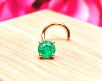 Genuine Real Emerald Nose Stud ,  14K Solid Gold in Twisted Crooked Screw, L-Shaped , Ball End Bar 22GA 20 GA 18GA