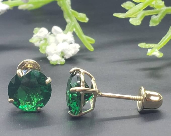 14K Solid Gold Emerald Earring May Birthstone Colors Screw Backing Earring with 4 Prong Setting