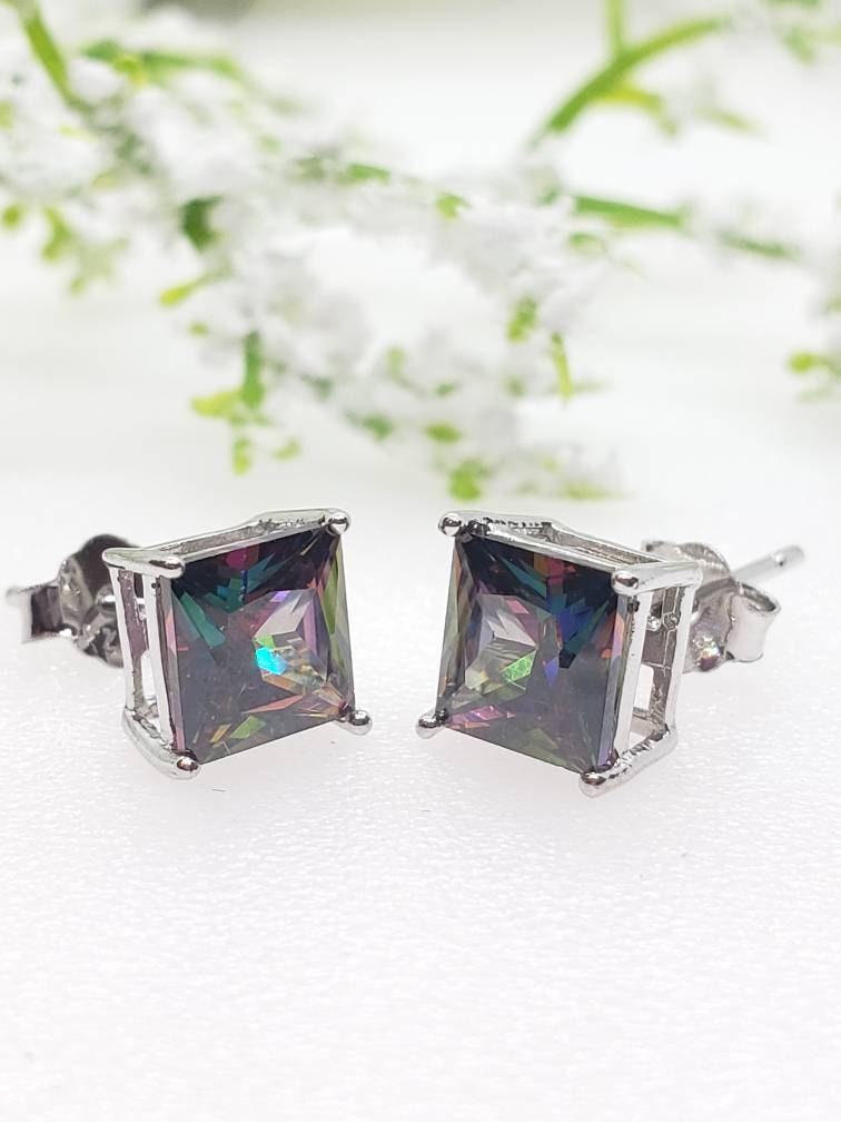 Mystic Rainbow Square Solitaire AAA CZ Stud Earrings .925 Sterling Silver  5MM - Walmart.com