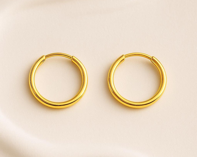 14k Solid Gold •  1.00 mm Extreme Thin Plain Hoops Simple Sleeper Earrings Solid Gold Hoop Earrings • Endless Gold Hoop 7mm 8mm 10mm 13mm