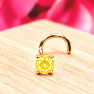 Genuine Real Yellow Sapphire Nose Stud ,  14K Solid Gold in Twisted Crooked Screw, L-Shaped , Ball End Bar 20 GA.
