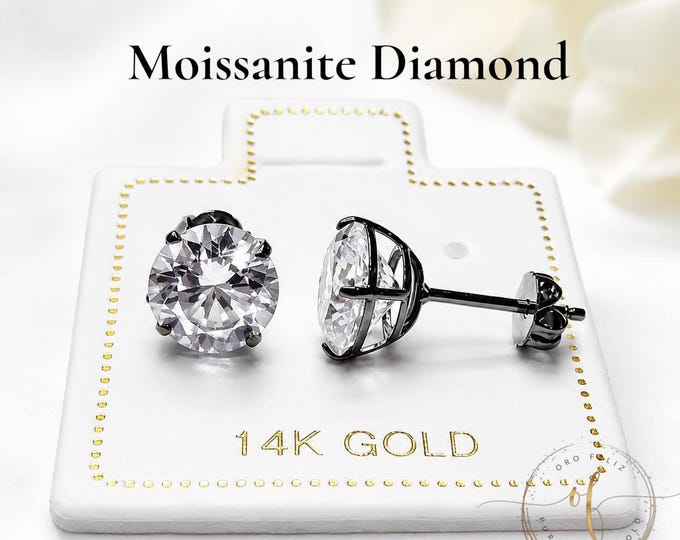 Moissanite 14K Real Black Gold Low Basket Thin Post Light Weight Gold Push Backing 22 GAUGE 1 pair earrings