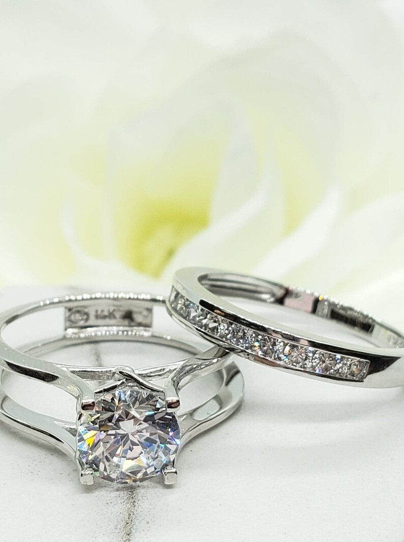 2.75 Ct 14K Real Gold Trellis Round Engagement Promise 2 Ring Matching Band