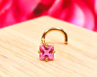 Pink Tourmaline 14K Solid Yellow Gold ,  Nose Stud, Twist Micro Nose, Screw Nose Stud, Ball end Or L-Shaped Natural Citrine 20 Gauge.