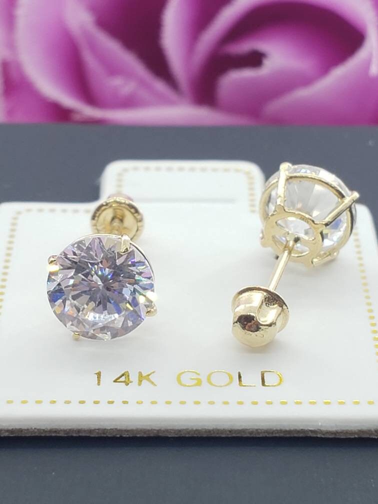 thumbnail interactive-video image 1 of 14K Solid Gold CZ Stud Earrings - Round Solitaire - 2mm To 8mm - White Or Yellow Gold - Push Back 1 of 6
