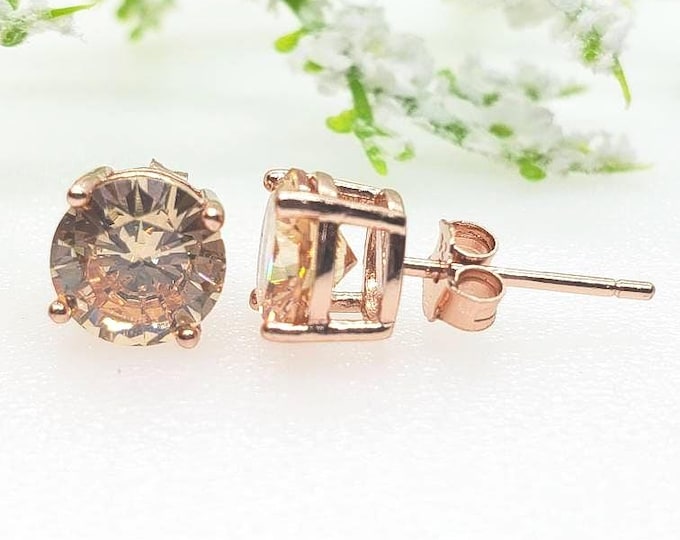 2mm-10mm Round Rose Plated Champagne CZ Solid 925 Sterling Silver Solitaire Stud Post Earrings Round Mens Womens Earrings