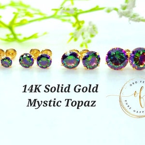 14K Solid Gold Rainbow Mystic Topaz Round Stud Earrings 0.50 Carat - 4.00 Carat In Screw Backing