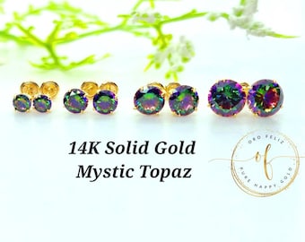 14K Solid Gold Rainbow Mystic Topaz Round Stud Earrings 0.50 Carat - 4.00 Carat In Screw Backing