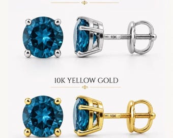 Solid 10K Gold Stud Earrings, Round Solitaire Cut, Screw Back Thick Post, Natural London Blue Topaz sold 1 pair