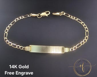 6" Inches 14K Real Yellow Gold ID Bracelet 2.50mm 3.00mm 4.00mm 5.00 mm Figaro Chain Length  6 "Inches Bracelet For Kids or Girl.