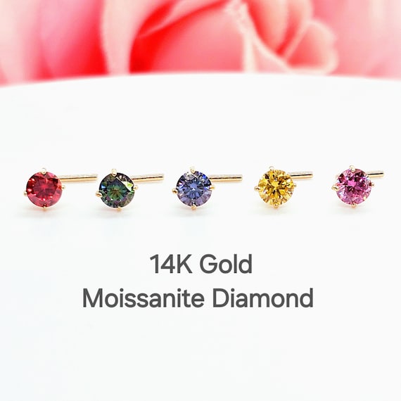 Moissanite 14K Solid Gold , Nose Stud Pass Diamond Tester Quality VVS1/DEF. 20 GA. Nose Ring colored Moissanite, Nose Stud, Nose Piercing.
