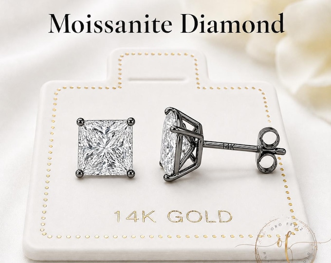 Clear Moissanite 14K Real Black Gold Low Basket Thin Post Light Weight Gold Square Push Backing 22 GAUGE 1 pair earrings