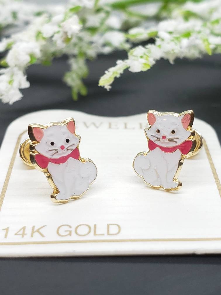 Girls' Perched Kitty Cat Screw Back 14K Gold Earrings - in Season Jewelry