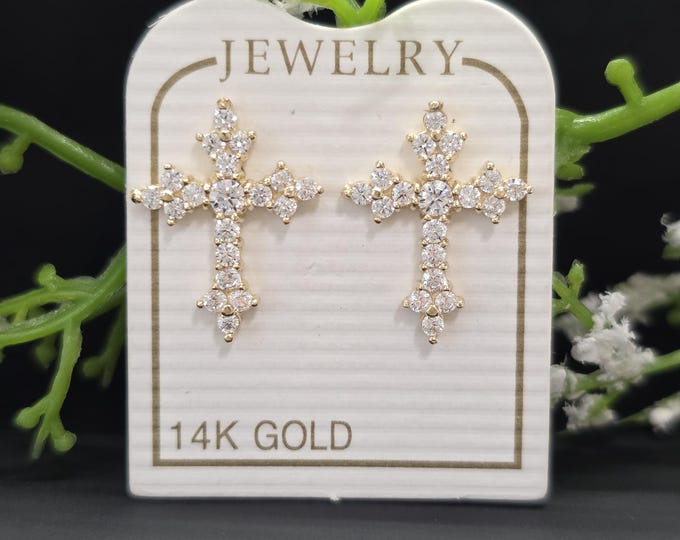 14K Real Yellow Gold •  Cross • Baby Screw Backs • Earrings Cubic Zirconia • sold 1 Pair Religious Christian Cross Earring.