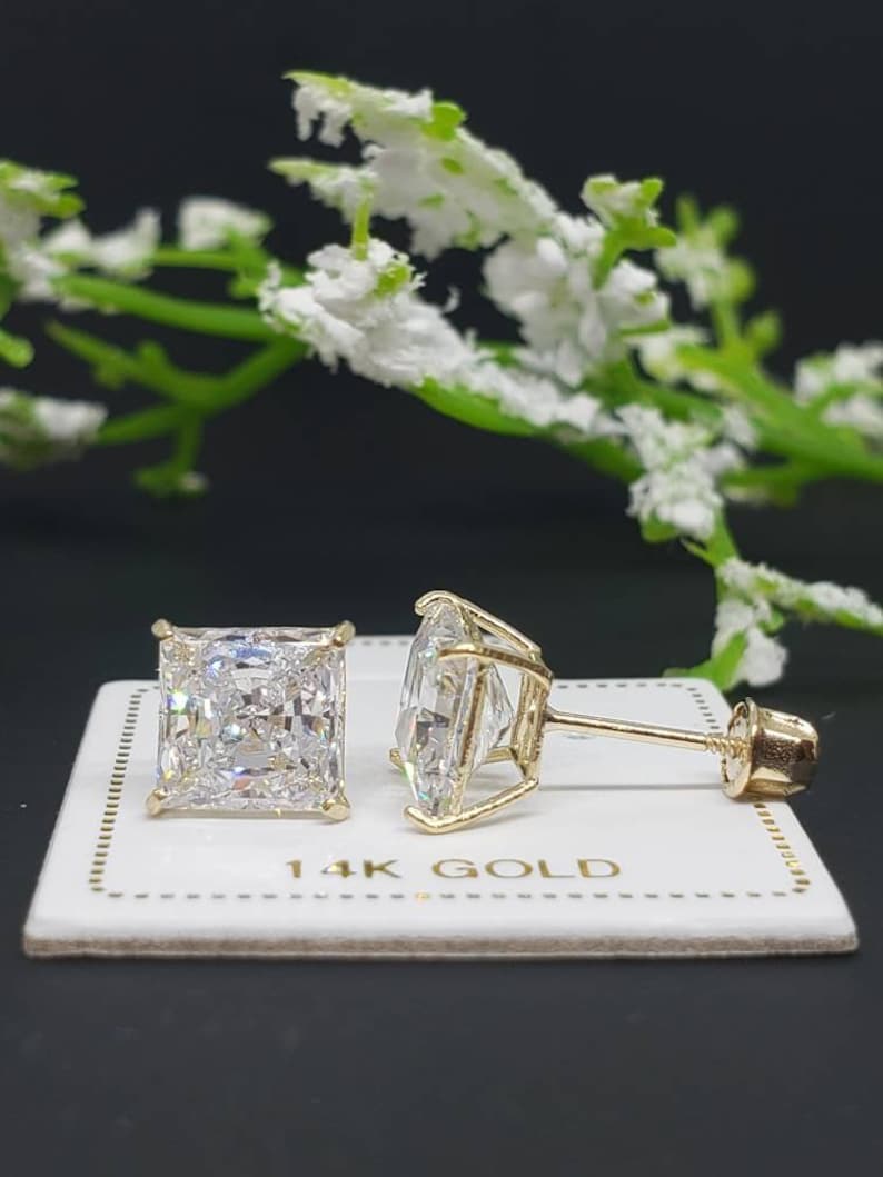 Super Bright 14K Solid Gold \u2022 Square Princess Cut \u2022 Basket Prong \u2022 3mm-8mm \u2022 With Screw Backing
