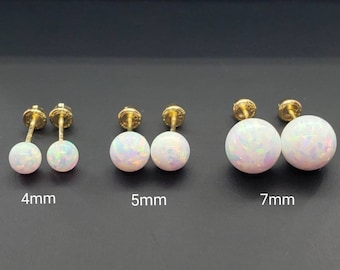 14K Solid Yellow Gold 4 mm - 8 mm White Fiery Opal Earrings With Screw Backing