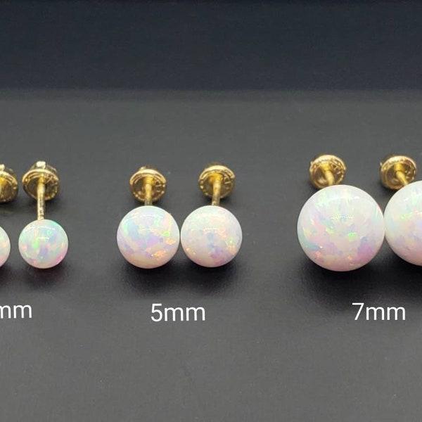 14K Solid Yellow Gold 4 mm - 8 mm White Fiery Opal Earrings With Screw Backing