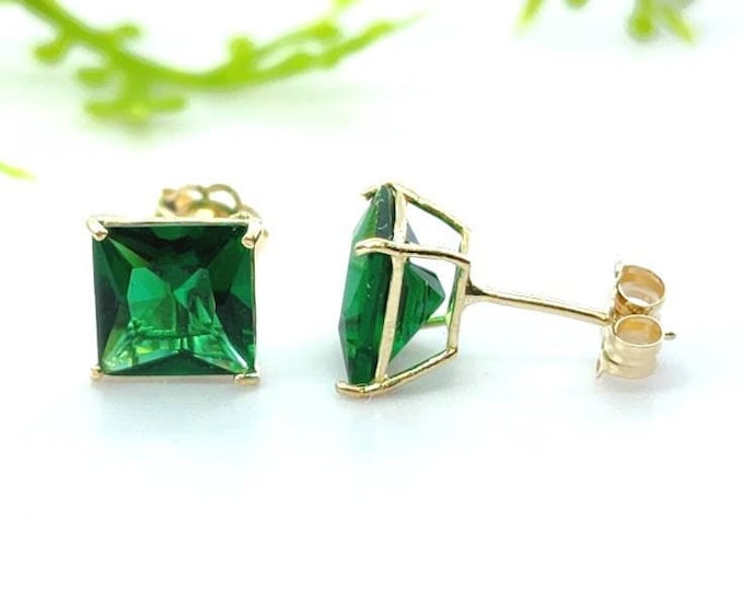 14K Solid Gold Princess Square Cut May Emerald CZ's Birthstone Colors Butterfly Push Backing Earring with 4 Prong Setting