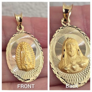 Double Sided Tri Tone 14k Gold Virgin Mary Lady Guadalupe Pendant Religious Charm Oval