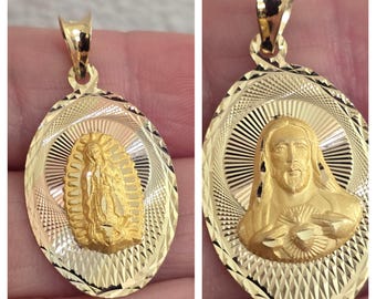 Double Sided Tri Tone 14k Gold Virgin Mary Lady Guadalupe Pendant Religious Charm Oval