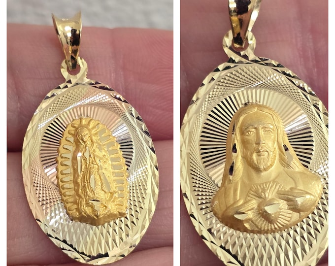 Double Sided Tri Tone 14k Gold Virgin Mary Lady Guadalupe Pendant Religious Charm Oval