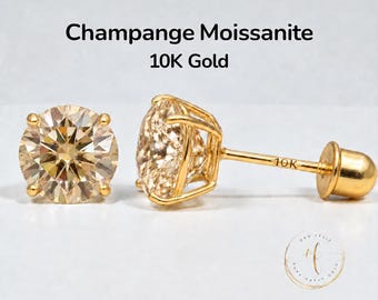 Champagne Moissanite 10K Gold Stud Earrings, Round Solitaire Cut, Screw Back 22 GA, Thin Post, comfortable to sleep